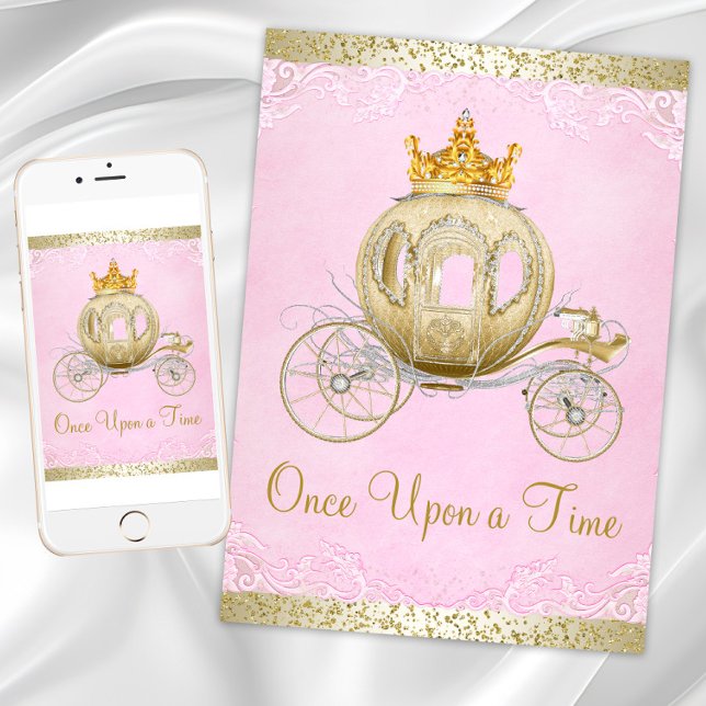 Cinderella Rosa Gång på en Time Princess Birthday Inbjudningar (Pink gold princess birthday party invitation with gold carriage on pink gold back. Any event.)