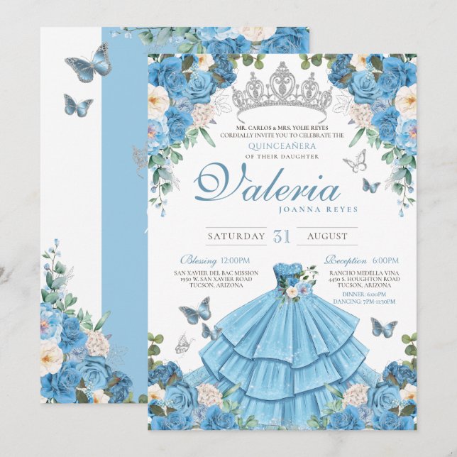 Cinderella Silver Blue Butterfly Princess Birthday Inbjudningar (Fram/baksida)