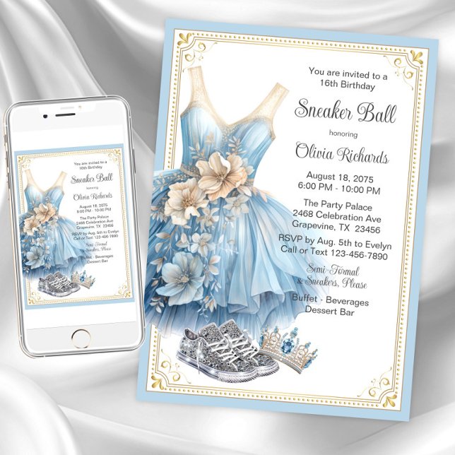 Cinderella Sneaker Boll Födelsedagsfest Inbjudningar (Girl sneaker ball invitation. Instant download and printed invitations available.)