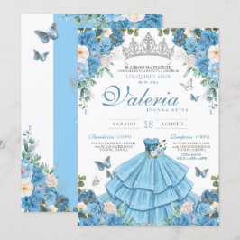 Cinderlla Blue Silver Elegant Princess Quinceañera Inbjudningar