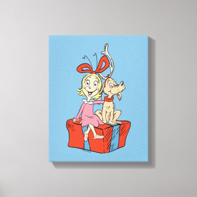 Cindy Lou Who och Max på en julklapp Canvastryck (Framsida)