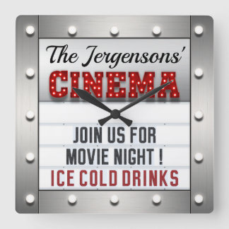 Cinema Movie Night Theater Theatre Wall Clock  Fyrkantig Klocka
