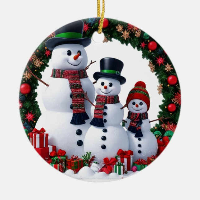 Cinematic Family of 3 Snowman Christmas Wreath  Julgransprydnad Keramik (Framsidan)