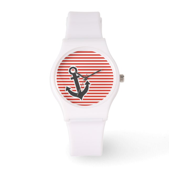 Cinnabar Färg Vågrät Rand; Stripe; Anchor Armbandsur (Framsida)