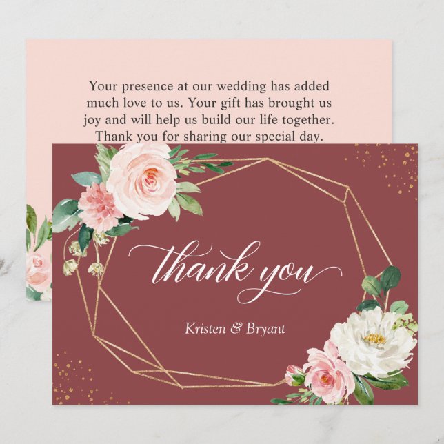 Cinnamon Ro  Blommigt Guld Geometric Bröllop Tack Kort (Fram/baksida)