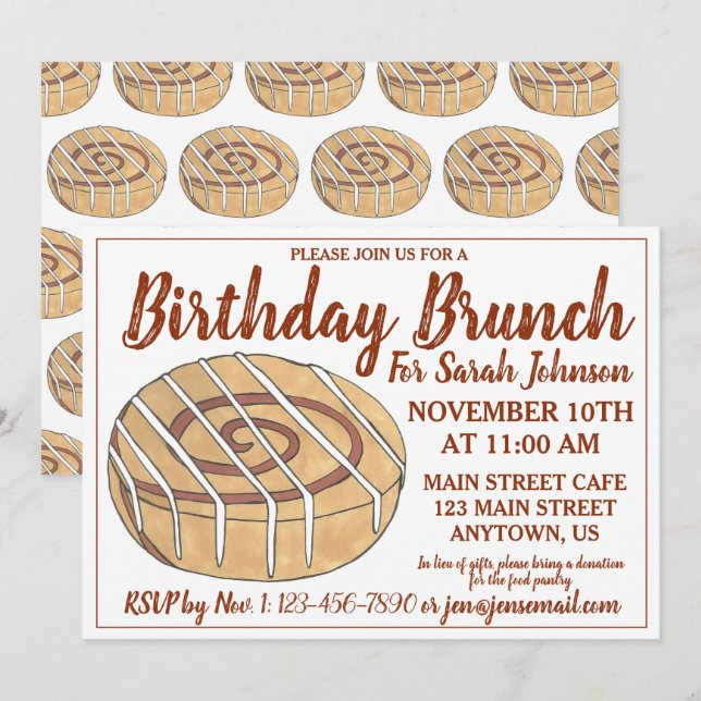 Cinnamon Roll Bun Pastry Födelsedagsfest Brunch Inbjudningar (Fram/baksida)