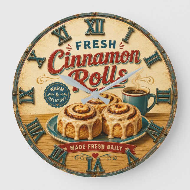 Cinnamon Rolls Coffee & Bakery Rustic Baking Gift Stor Klocka (Framsida)