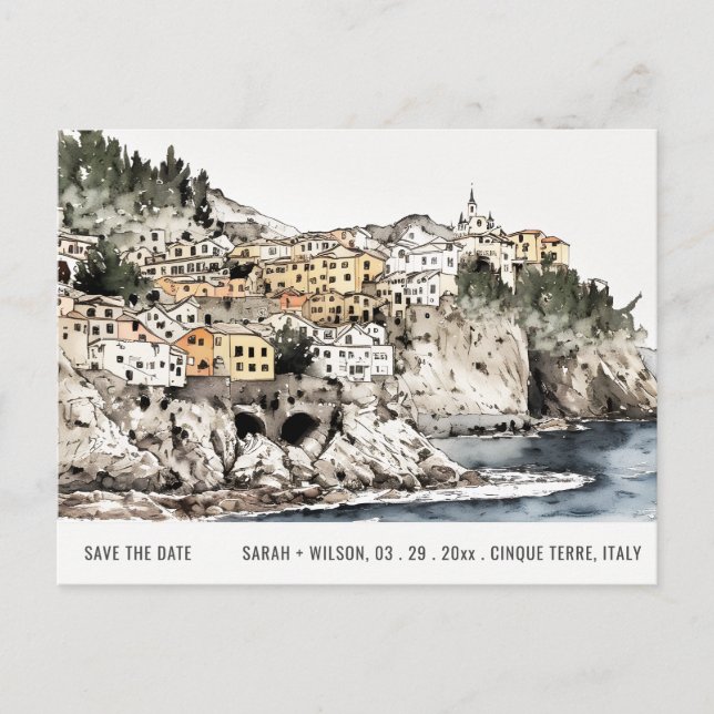 Cinque Terre Italien Akvarell Vatten Spara Datum Vykort (Framsida)