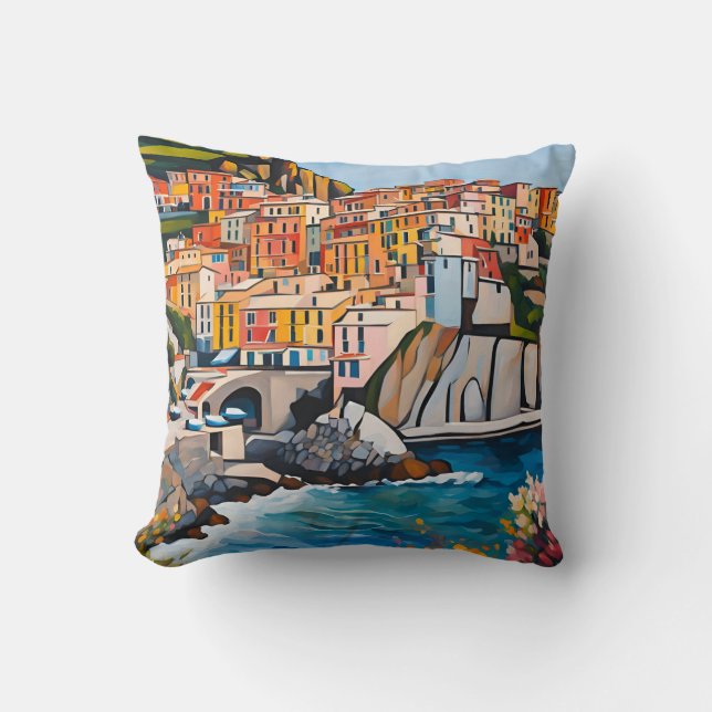 Cinque Terre Italien Mediterranean Modern Art Kust Kudde (Framsida)
