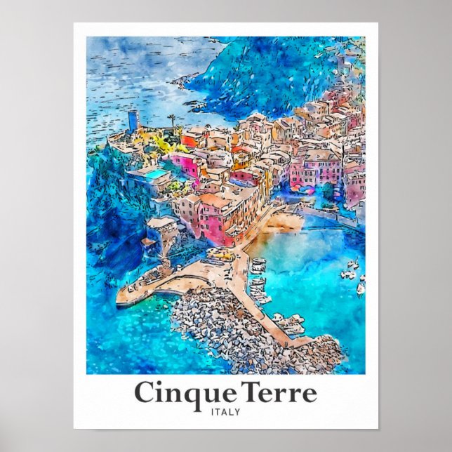 Cinque Terre Italien Travel Watercolor Hand plocka Poster (Framsidan)