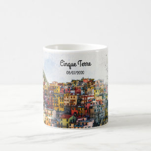 Cinque Terre Liguria Italien scen sommarvattenfärg Kaffemugg