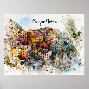 Cinque Terre Liguria Italien scen sommarvattenfärg Poster