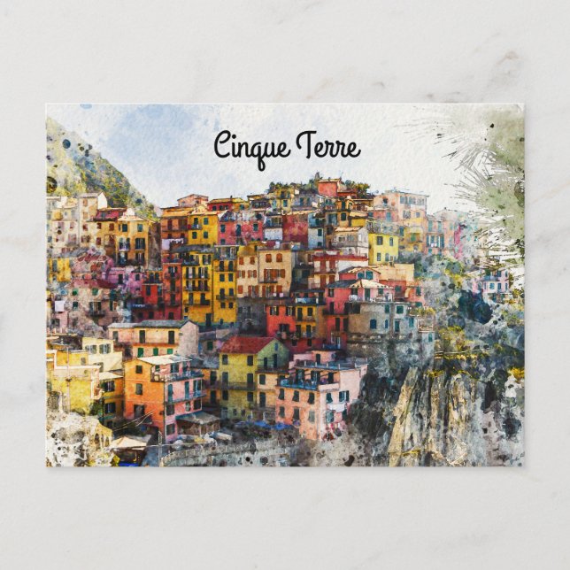 Cinque Terre Liguria Italien scen sommarvattenfärg Vykort (Framsida)