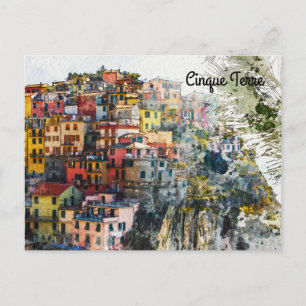 Cinque Terre Liguria Italien scen sommarvattenfärg Vykort