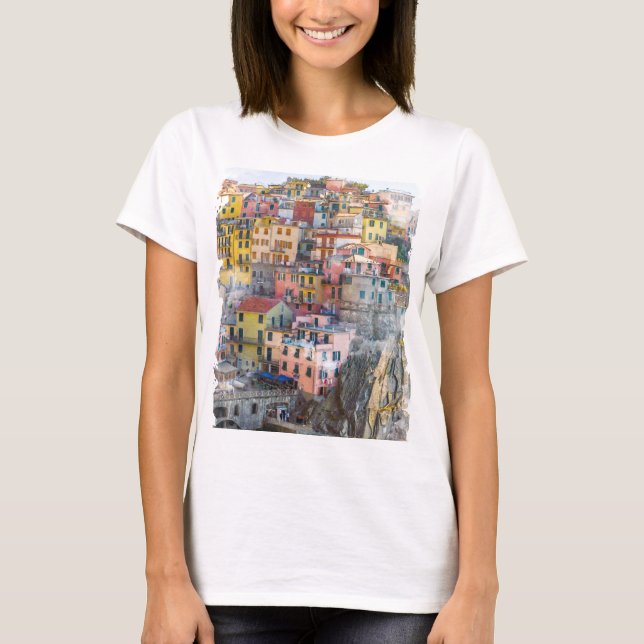 Cinque Terre Watercolor Art T Shirt (Framsida)