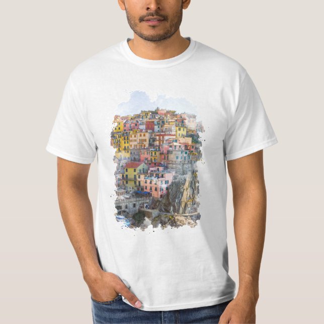 Cinque Terre Watercolor Art T Shirt (Framsida)