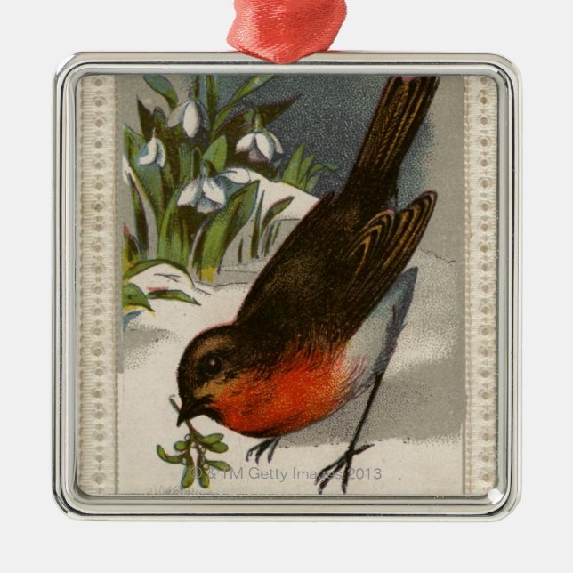 Circa 1871: A robin, med mistletoe i dess skak Julgransprydnad Metall (Framsidan)