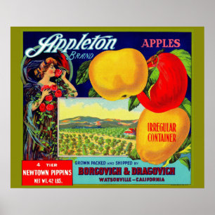 Circa 1900 Appleton Apples låda-etikett Poster
