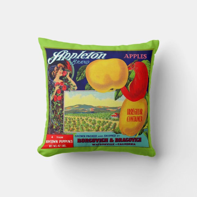 Circa 1900 Appleton Apples låda-etikettutskrift Kudde (Framsida)