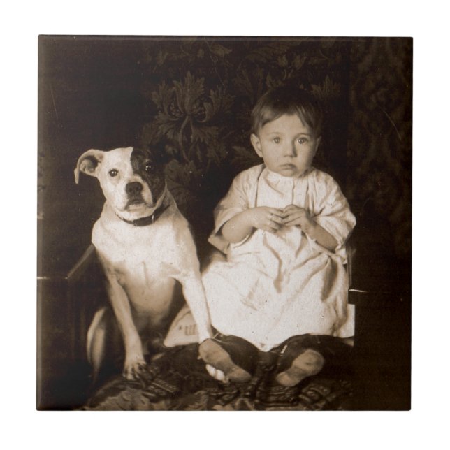 Circa 1910 pitbull och baby kakelplatta (Framsidan)