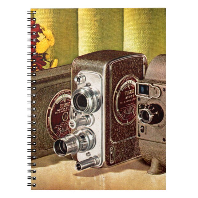Circa 1950 hemmabiokameror och anteckningsbok med spiral (Framsidan)