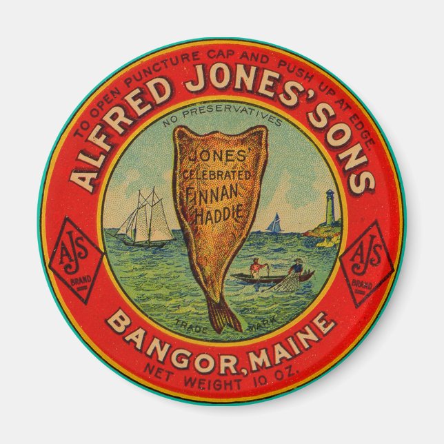 circa den Alfred Jones SonsFinnan Haddie etiketten Magnet (Framsidan)