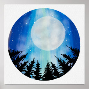 Circle abstrakt Night Himlar Wood Full Moon Stars Poster