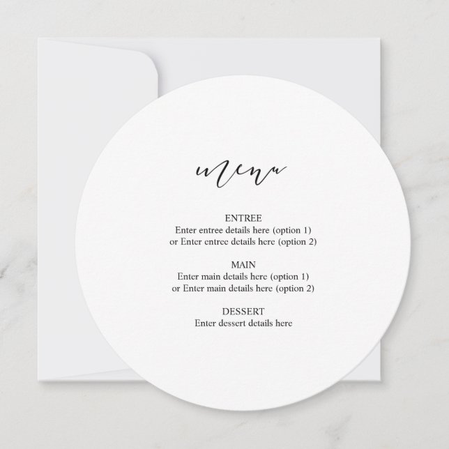 Circle Bröllop Plate Menu Elegant Calligraphy Meddelande (Framsida)