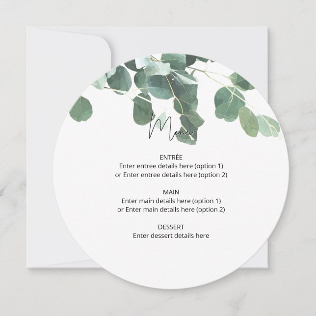 Circle Bröllop Plate Menu Watercolor Eucalyptus Meddelande (Framsida)