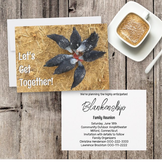 Circle of Black & White Chickens Eating Watermelon Inbjudningar (invitation front with envelope and invitation back with details)