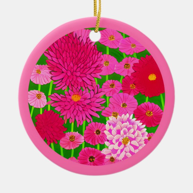 Circle of Flowers, Fuchsia Rosa Chrysanthemums Julgransprydnad Keramik (Framsidan)