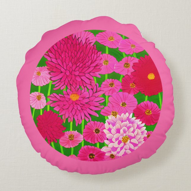 Circle of Flowers, Fuchsia Rosa Chrysanthemums Rund Kudde (Baksidan)