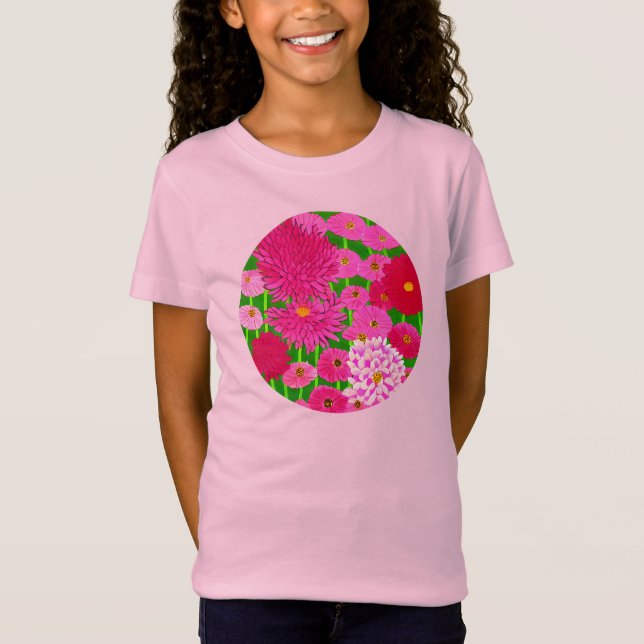 Circle of Flowers, Fuchsia Rosa Chrysanthemums T Shirt (Framsida)