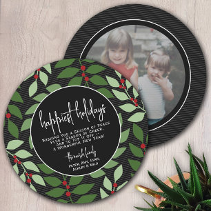 Circle Photo Back - Black Grönt Botanical Happiest Julkort