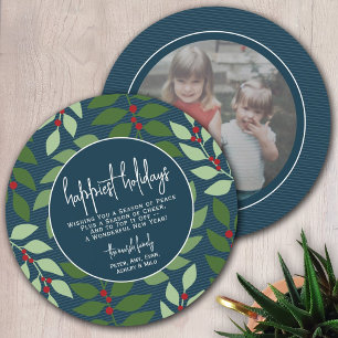 Circle Photo Back - Blue Grönt Botanical Happiest Julkort