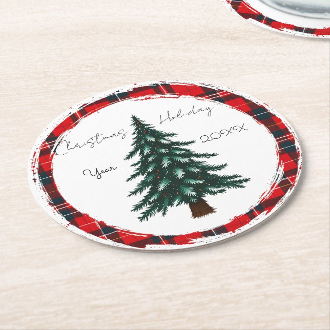 Circle Plaid Christmas Tree plates. Underlägg Papper Rund (Vinklad)