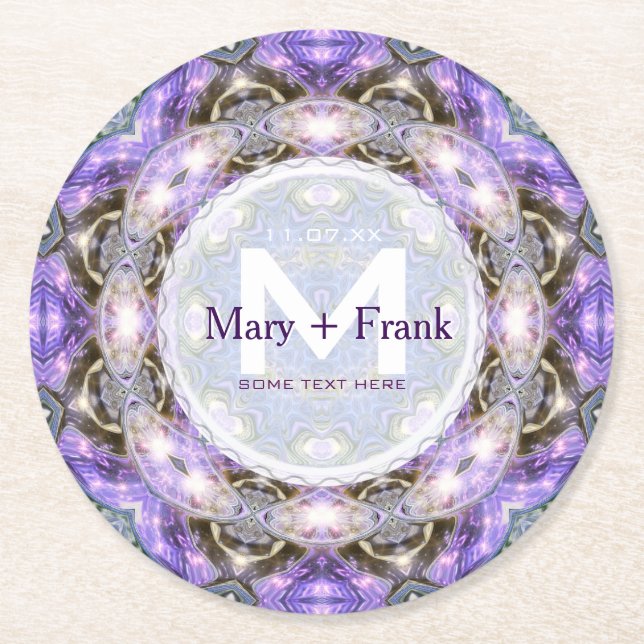 CircleofLight Lila+White Monogram papper Underlägg Rund (Framsidan)