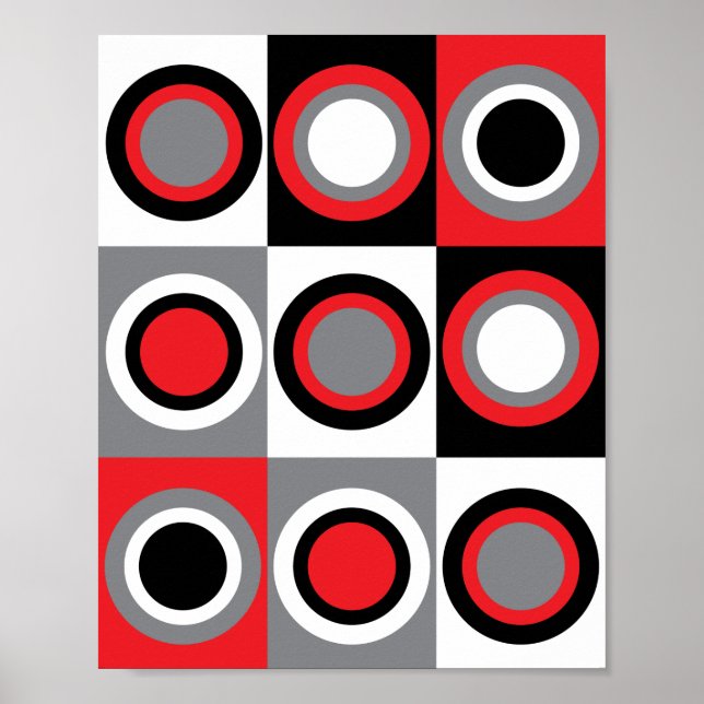 Circles Mönster Red Grått Black White Poster (Framsidan)