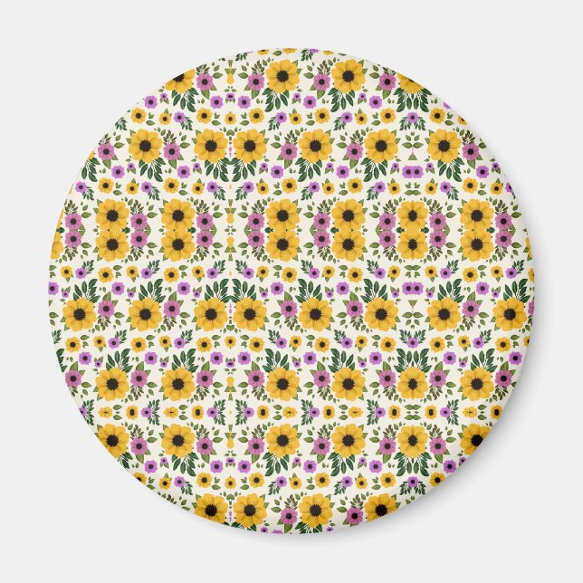 Circular floral button with vibrant yellow magnet (Framsidan)