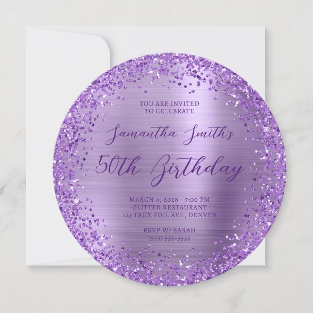 Circular Glittery Lila Foil 50th Birthday Inbjudningar (Framsida)