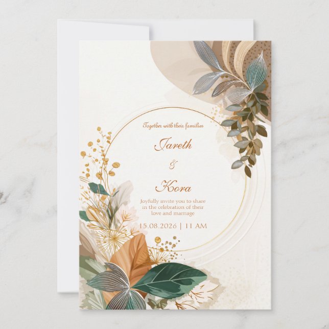 Circular Gold Forest Green Botanical Wedding Inbjudningar (Framsida)