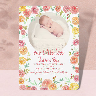 Circular Photo Blommigt Watercolor Birth Meddelande