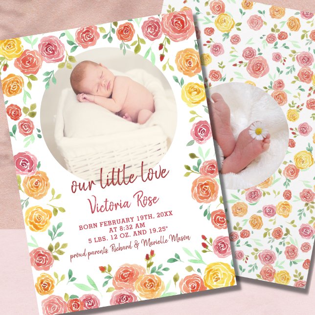 Circular Photo Blommigt Watercolor Birth Meddelande (Skapare uppladdad)