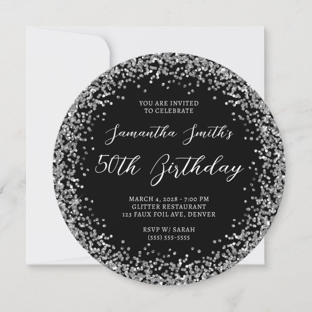 Circular Silver Glitter Black 50:e födelsedagen Inbjudningar (Framsida)