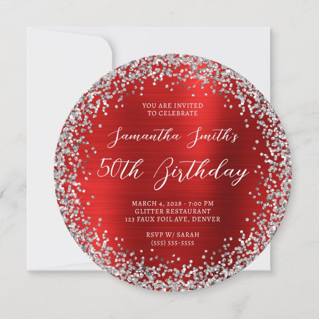 Circular Silver Glitter Red Foil 50:e födelsedagen Inbjudningar (Framsida)