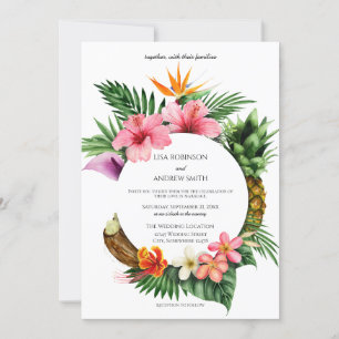 Circular Tropical Hawaiian Blommigt Coconut Bröllo Inbjudningar