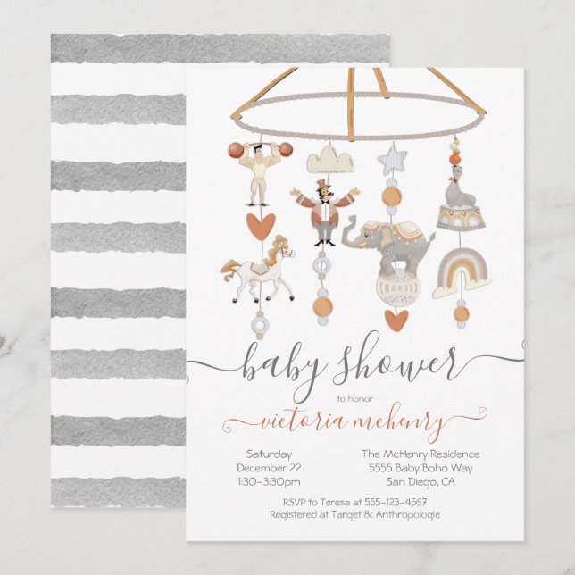 Circus Animals Mobile Baby Shower Inbjudningar (Fram/baksida)