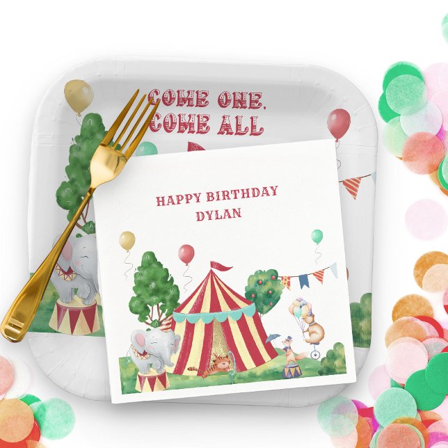 Circus Animals och Big Top Barns födelsedag Party Pappersservett (Circus Themed Paper Napkins personalized for Kids Birthday)