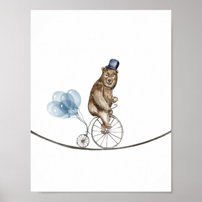 Circus Bear On A Bike With Blue Balloons Nursery Poster (Framsidan)