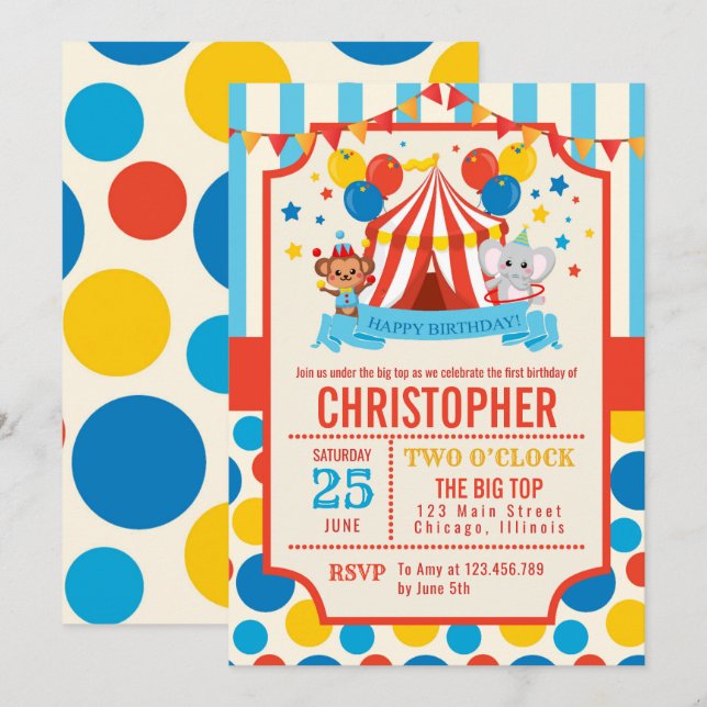 Circus Big Top-Födelsedagsfest Inbjudningar (Fram/baksida)